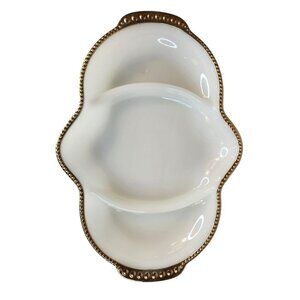 Fire King Oven Ware Milk Glass White Gold Trim Divided Relish Dish USA Vintage